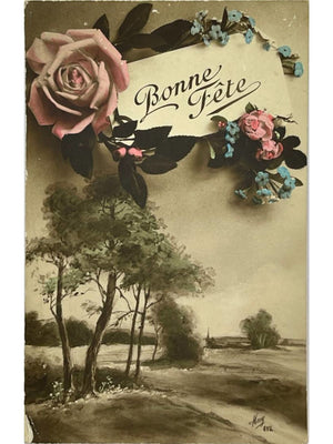 Carte postale – Bonne Fête – Roses et paysage champêtre – Carte ancienne n° 812