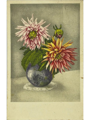 Carte postale fantaisie – Dahlias dans un vase – Allemagne vers 1950