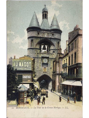 Bordeaux – Tour de la Grosse Horloge et rue animée – CPA L.L. n°10