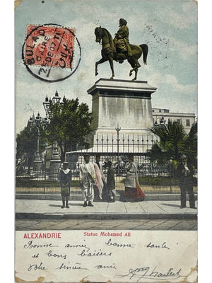 Alexandrie – Statue de Mohamed Ali et passants – CPA colorisée 1907