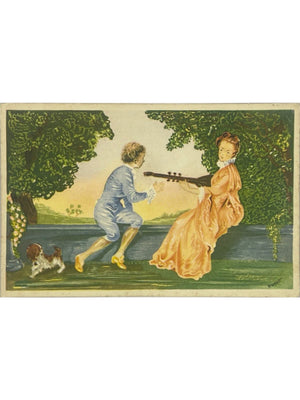 Carte postale humoristique – Femme au fusil, homme et chien – Éditions Rhodania n° 64