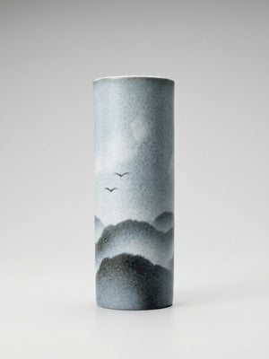 Vase cylindrique Virebent en porcelaine – Paysage bleu-gris – 21 cm