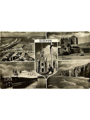 Dieppe – Plage, château, chapelle, navire Lisieux et falaises – CPSM