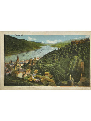 Bacharach – Panorama du Rhin et château de Stahleck – CPA colorisée vers 1919
