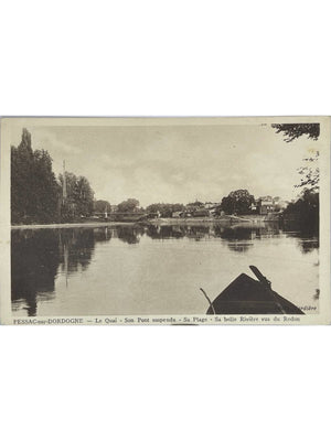Carte postale – Pessac-sur-Dordogne – Le quai, pont suspendu et rivière – Photo Tardière