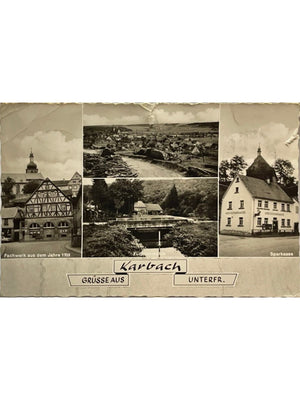 Carte postale – Karbach – Maison à colombages, Fuchsenmühle et Sparkasse – 1967