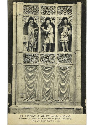 Reims – Cathédrale, façade occidentale, figures et bas-relief – CPA ND n°85