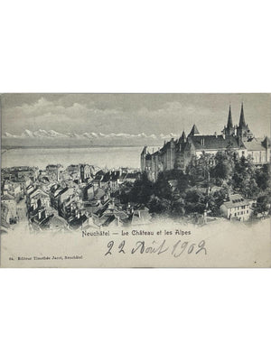 Neuchâtel – Le Château et les Alpes – CPA circulée en 1902
