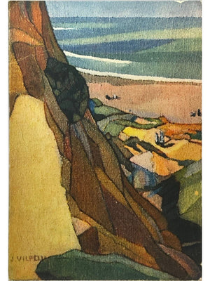 Carte postale – Bidart – Plage et falaises, illustration probablement signée J. Villon – Collection Roche