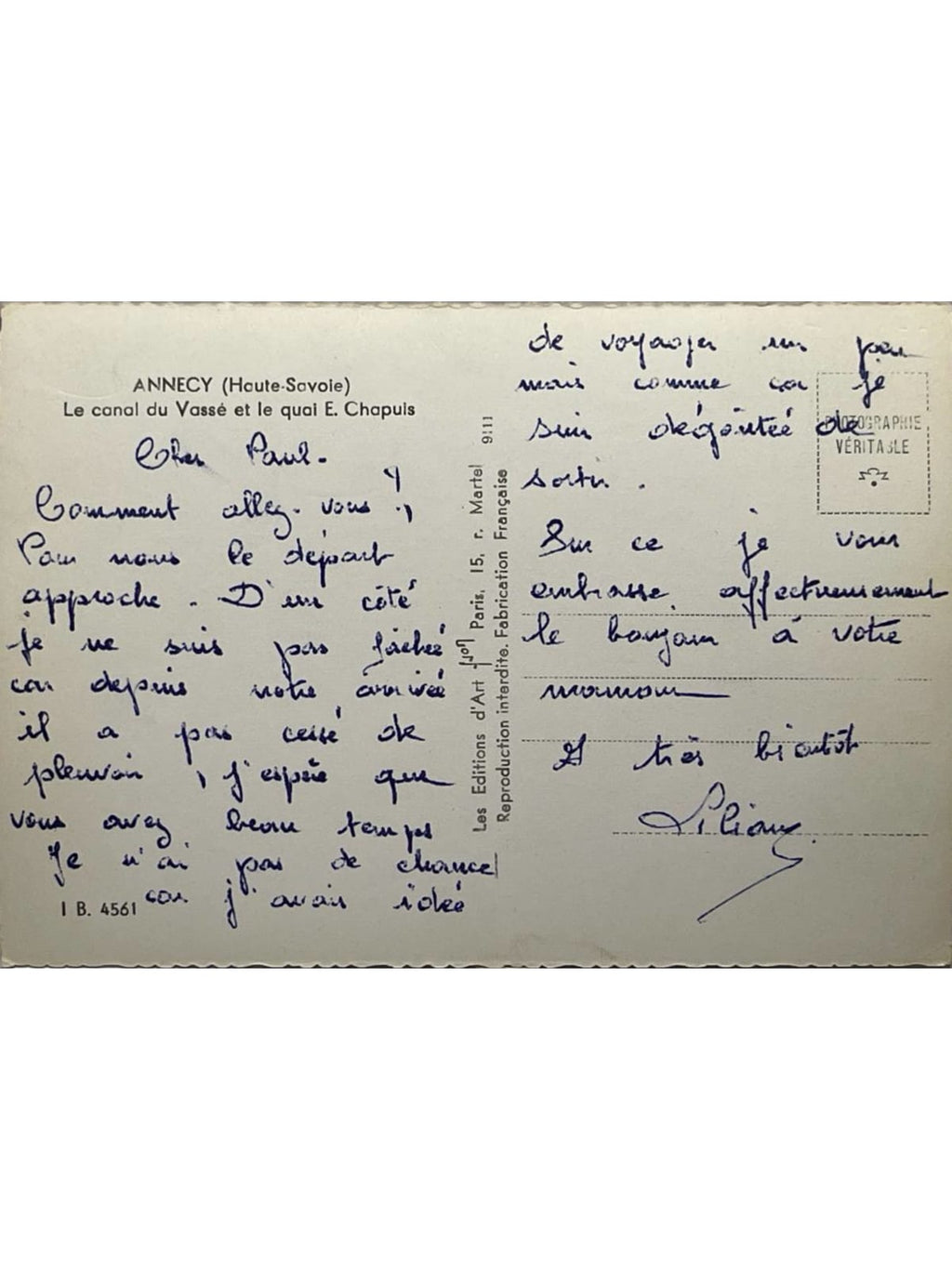 Verso de la carte postale