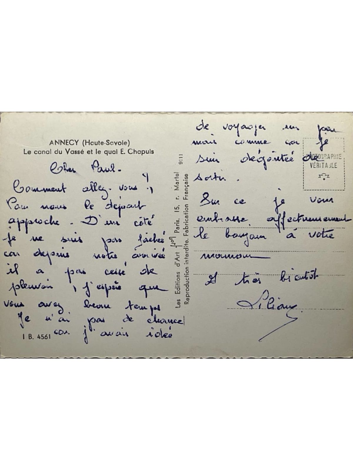 Verso de la carte postale