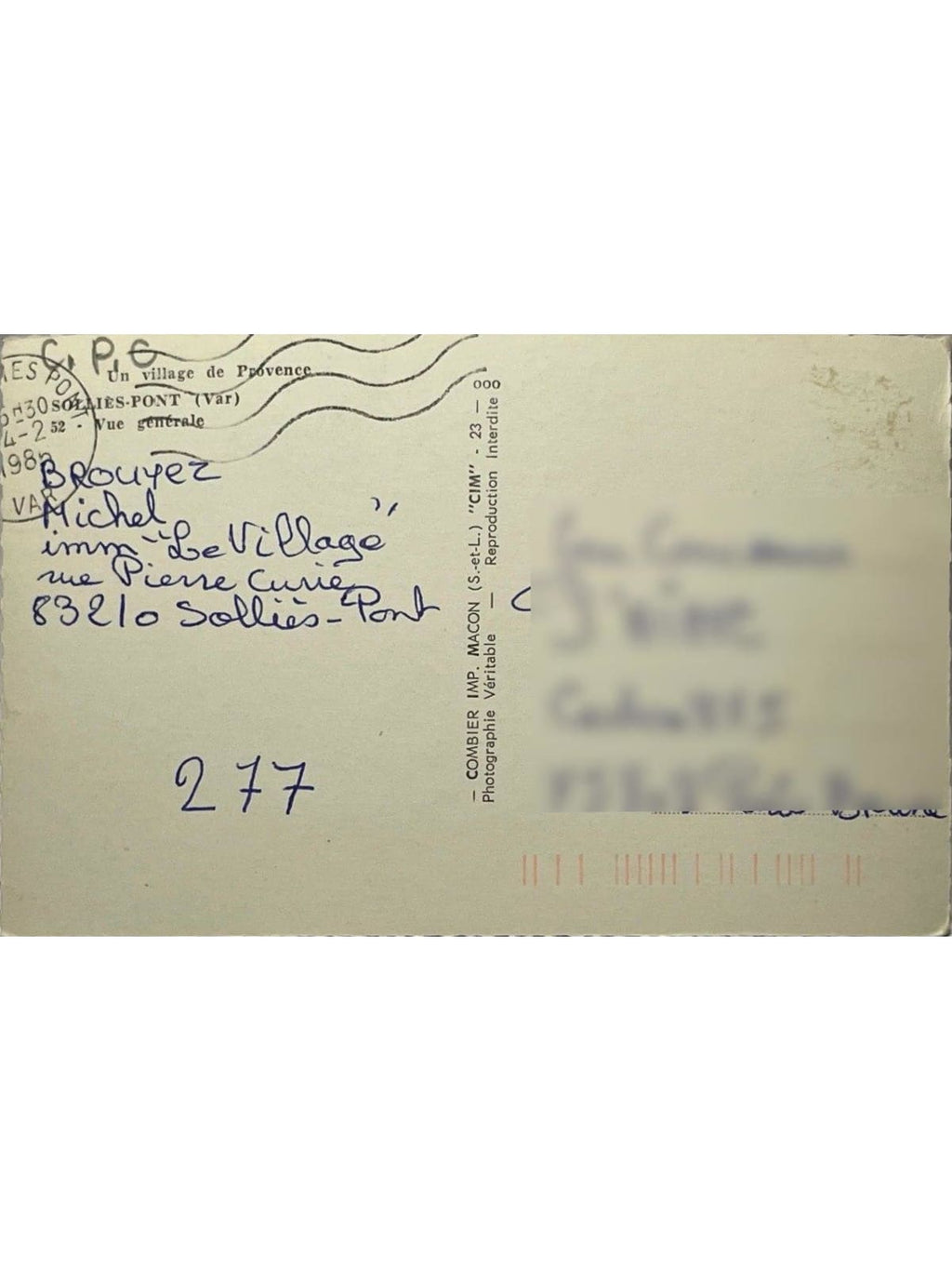 Verso de la carte postale