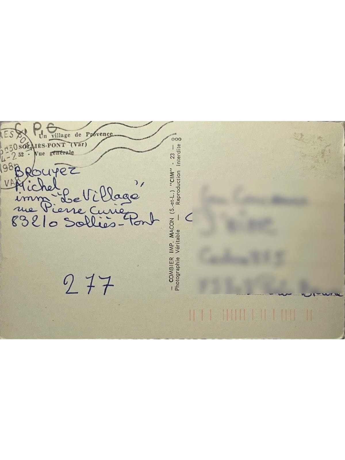 Verso de la carte postale