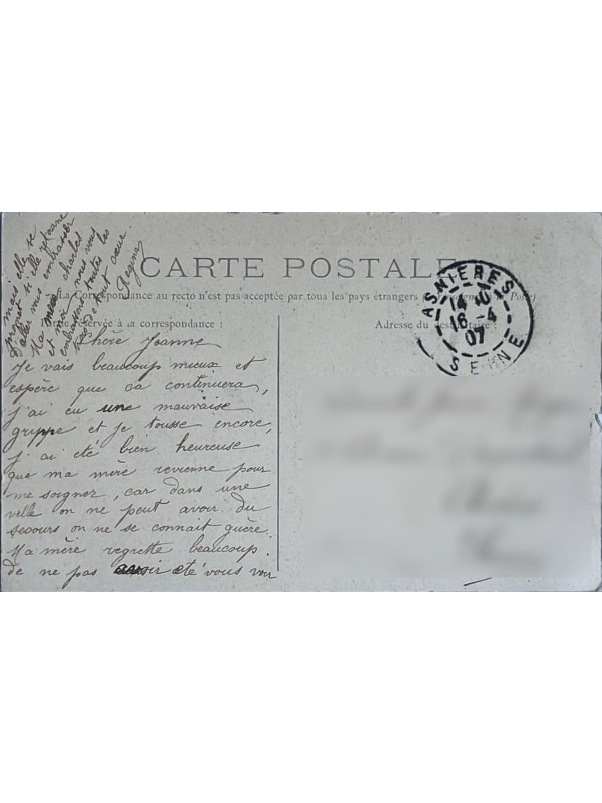 Verso de la carte postale