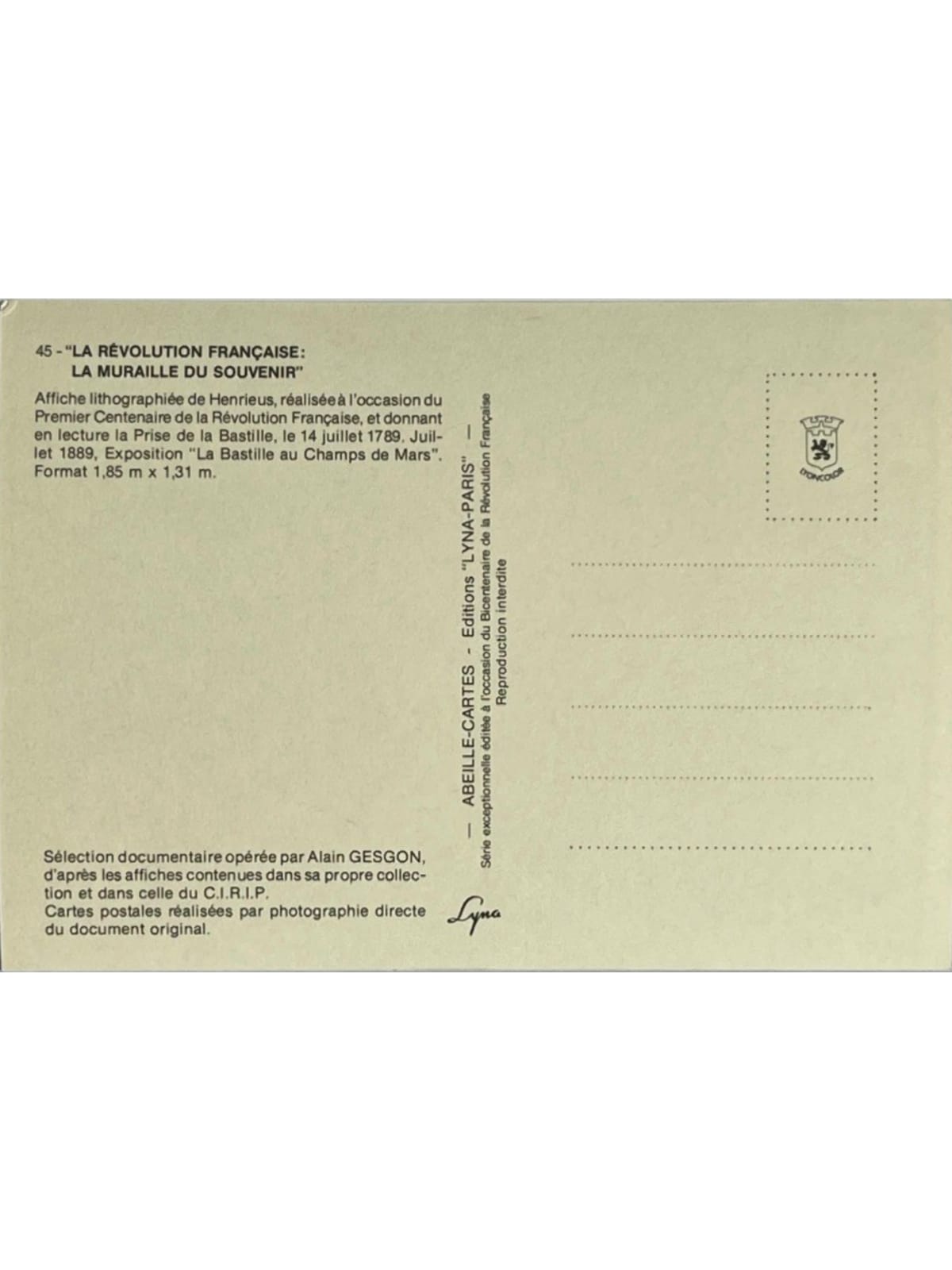 Verso de la carte postale
