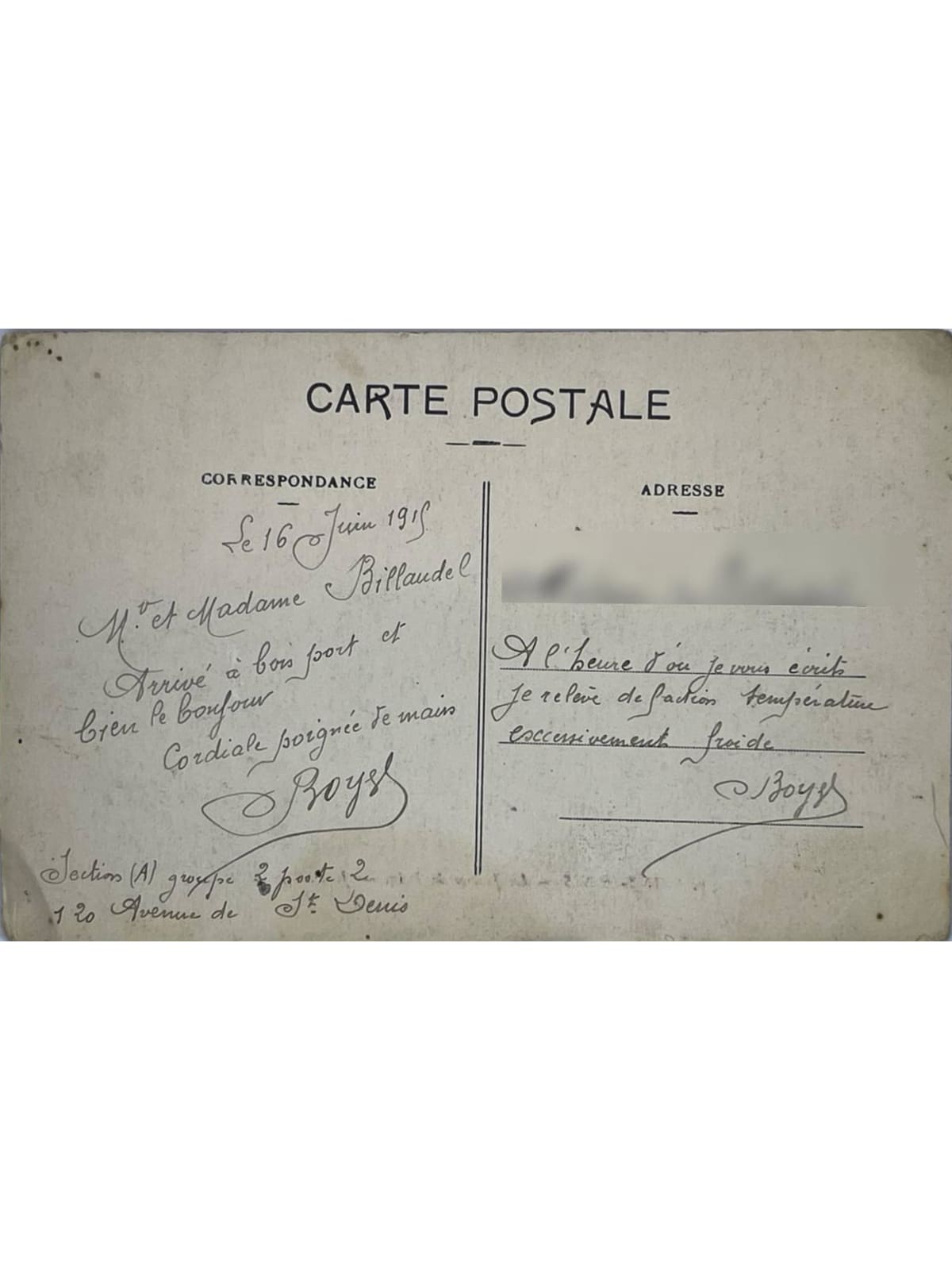 Verso de la carte postale