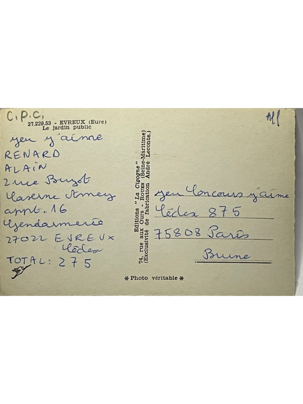 Verso de la carte postale