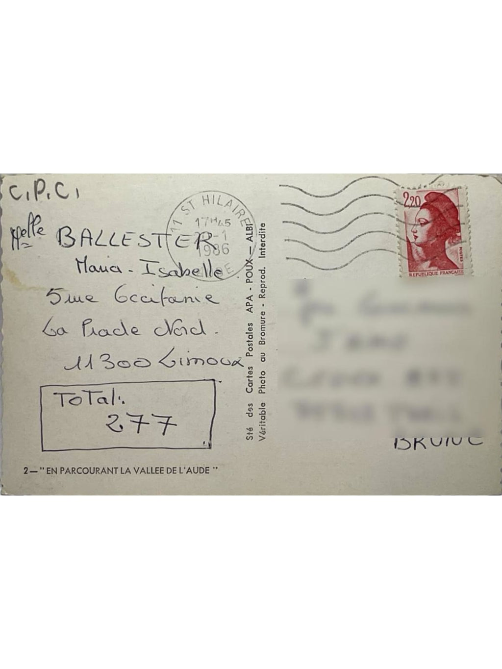 Verso de la carte postale