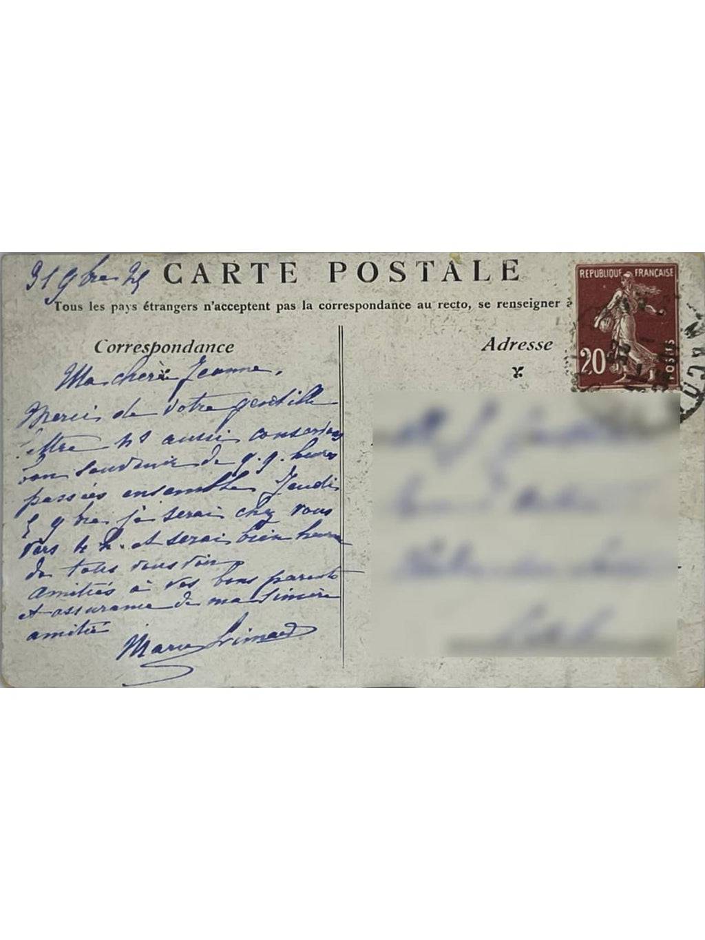 Verso de la carte postale