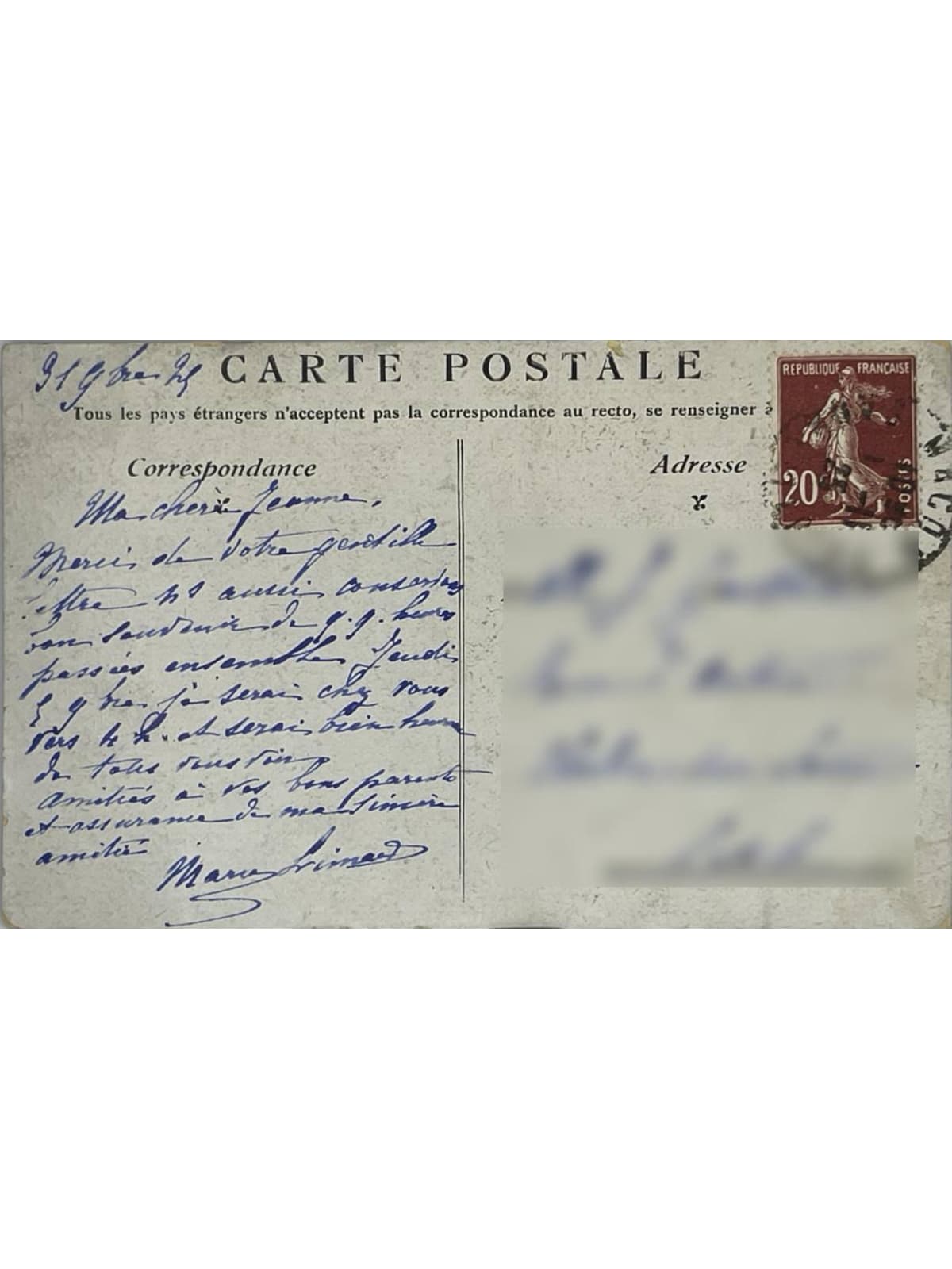 Verso de la carte postale