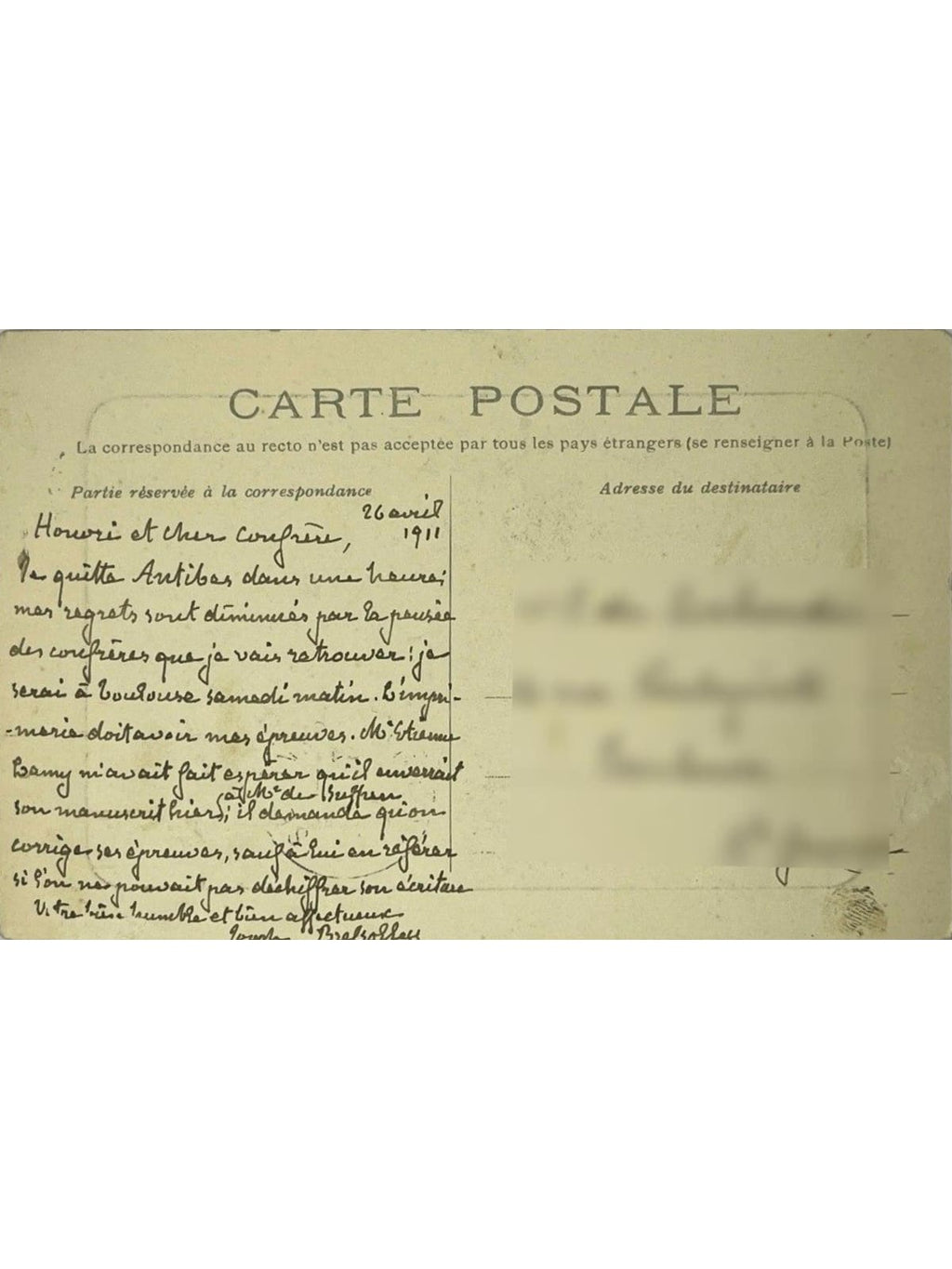 Verso de la carte postale