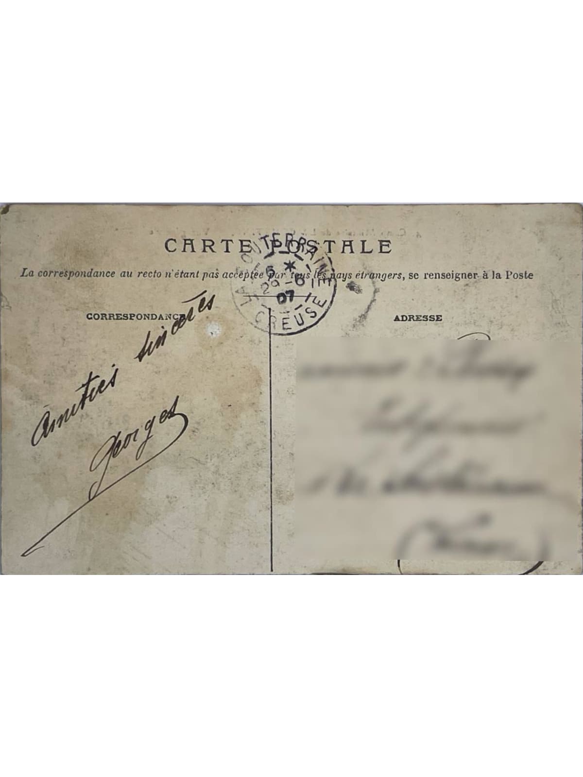 Verso de la carte postale