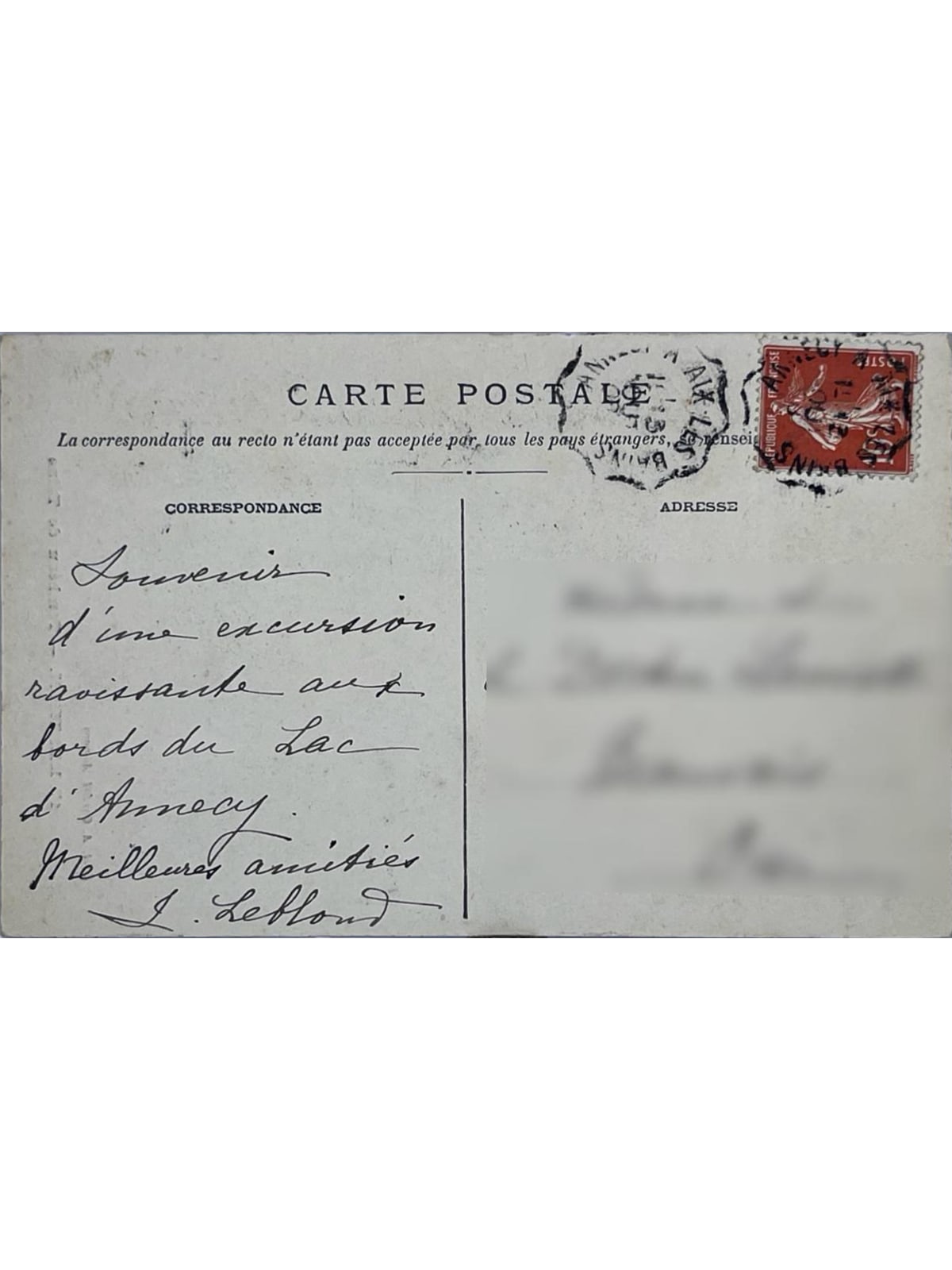 Verso de la carte postale