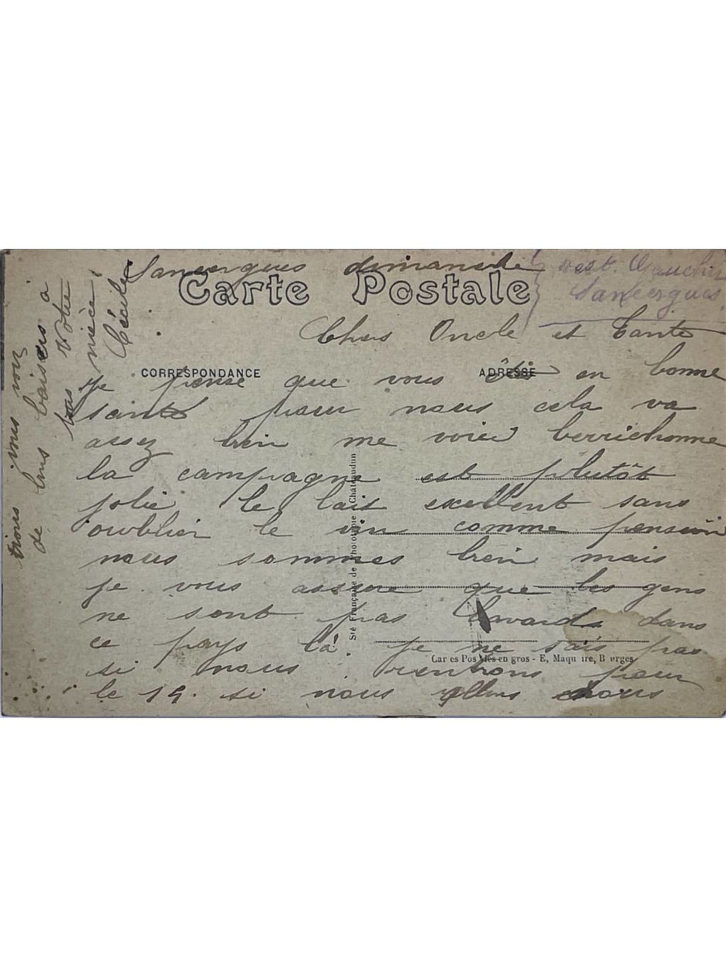 Verso de la carte postale