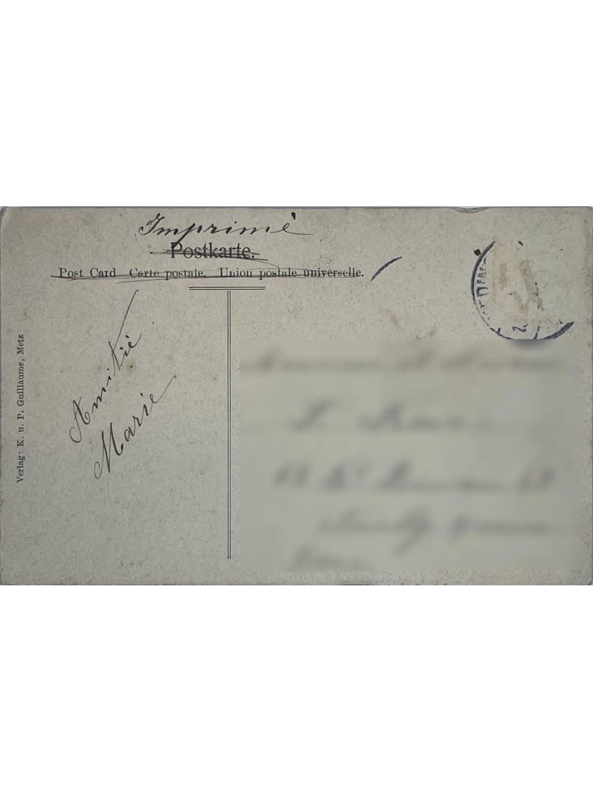 Verso de la carte postale