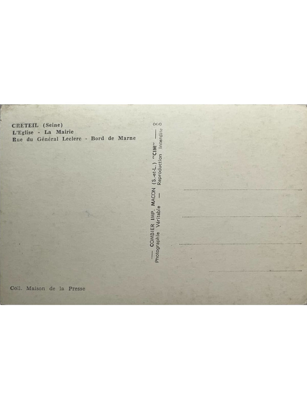 Verso de la carte postale