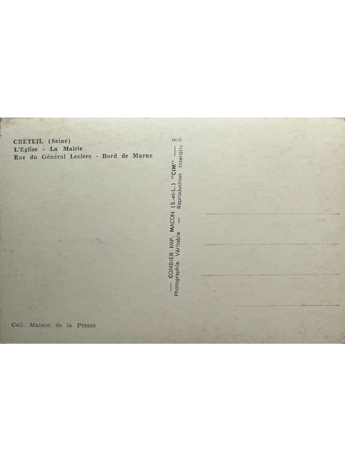 Verso de la carte postale