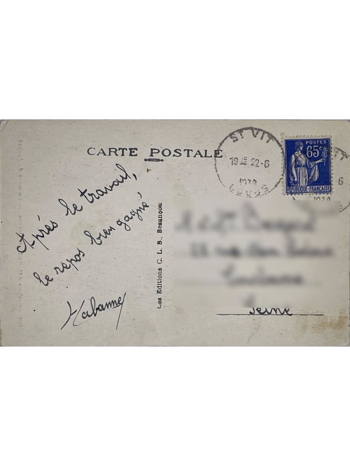 Verso de la carte postale