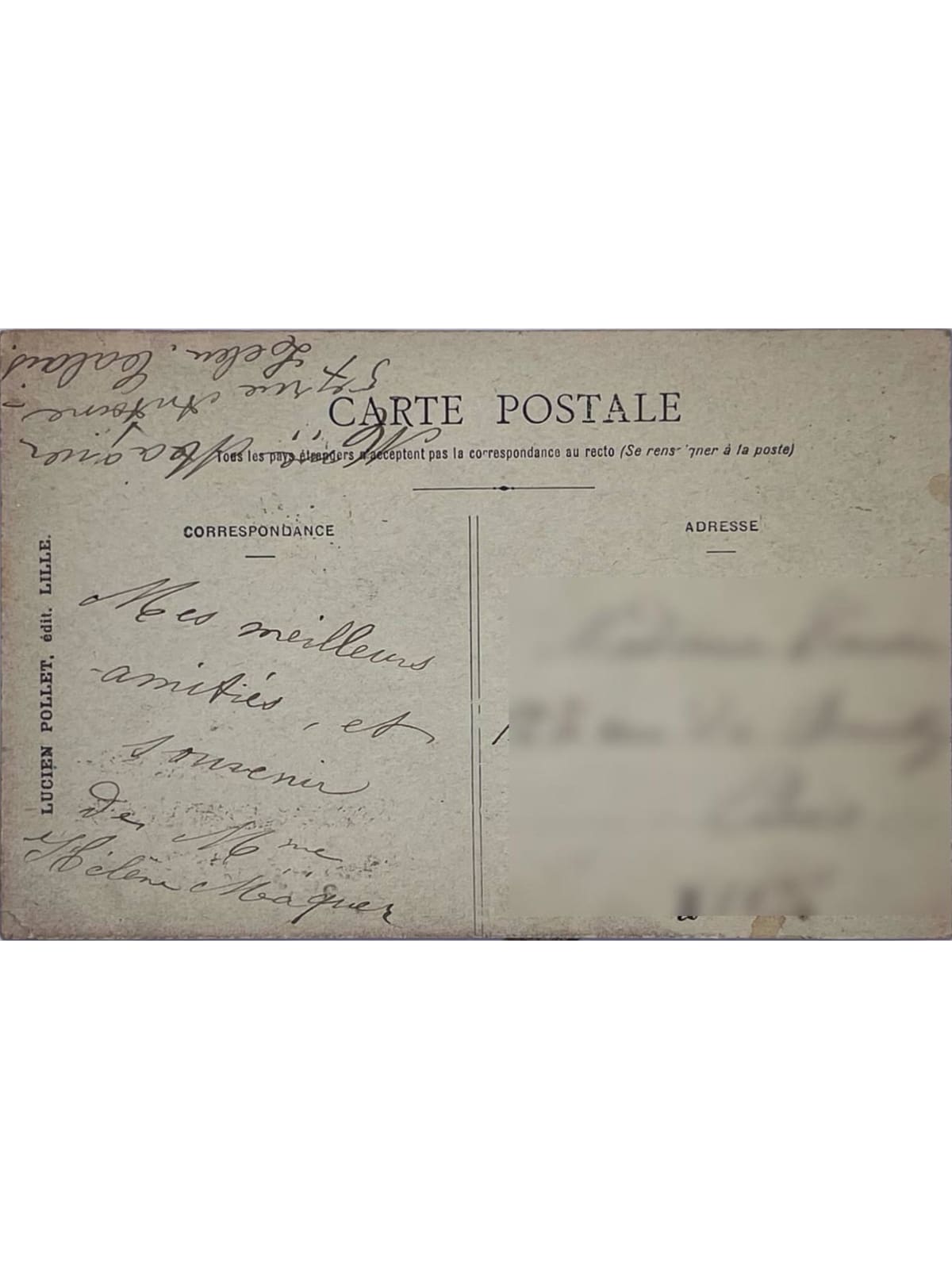 Verso de la carte postale