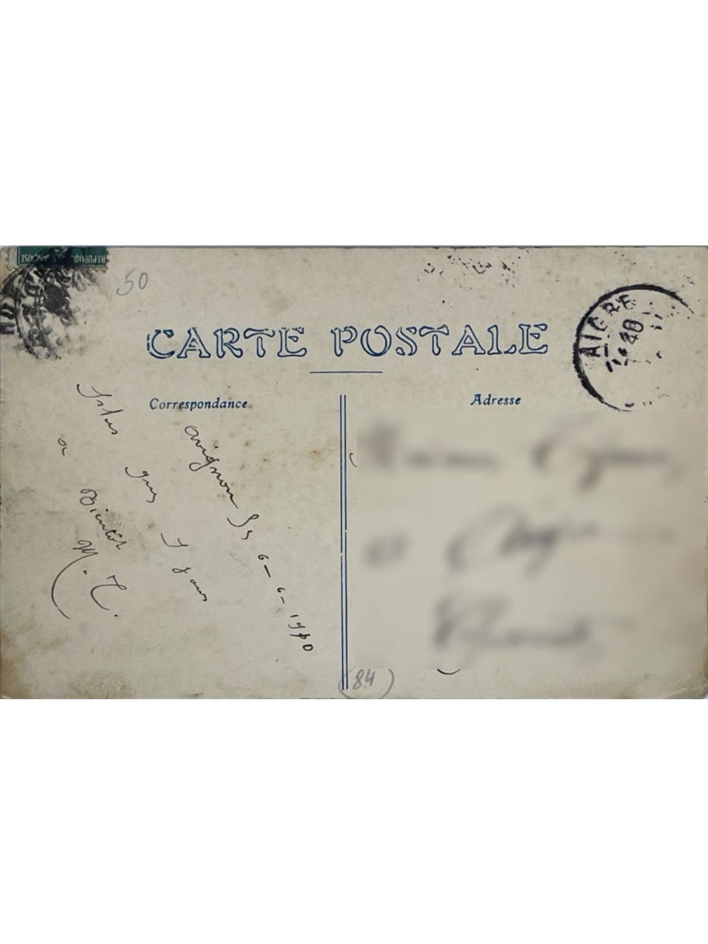 Verso de la carte postale