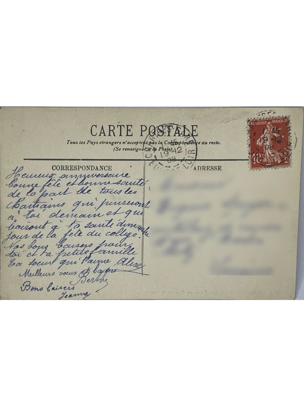 Verso de la carte postale