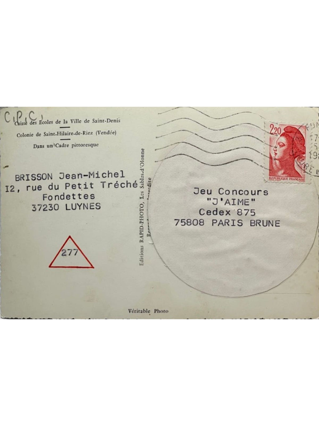 Verso de la carte postale