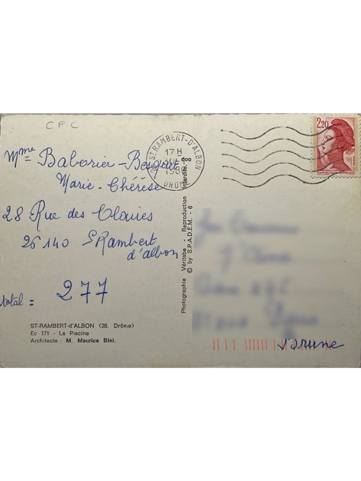 Verso de la carte postale