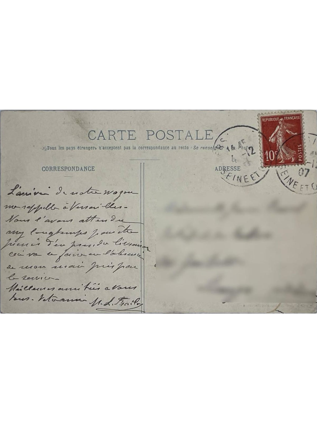 Verso de la carte postale