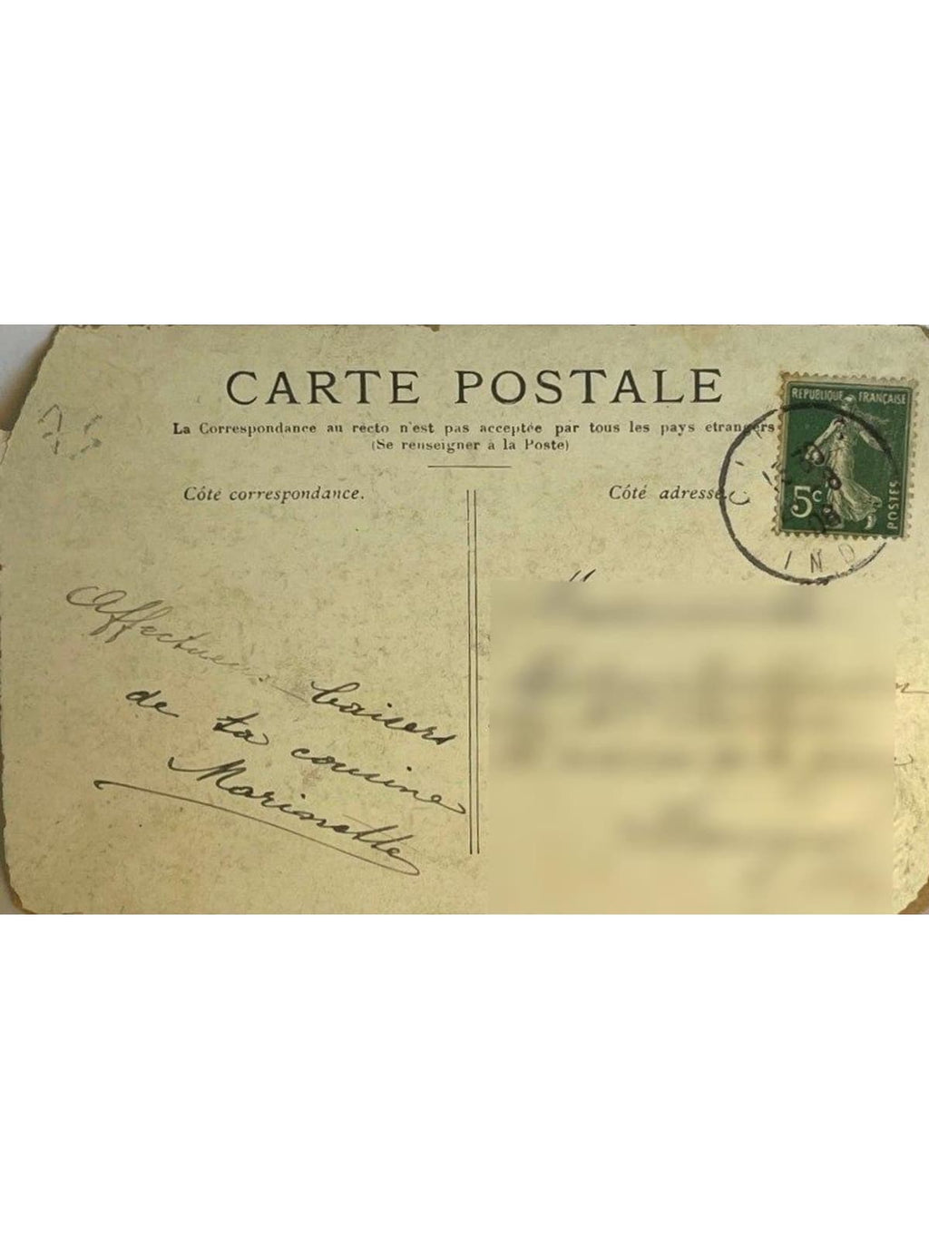 Verso de la carte postale