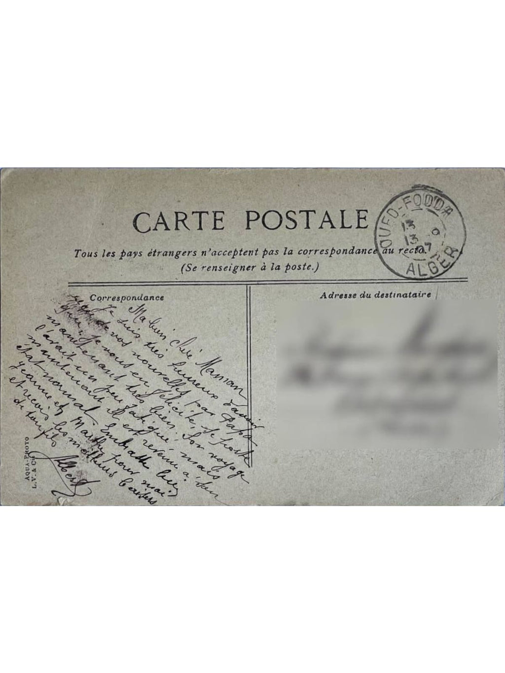Verso de la carte postale