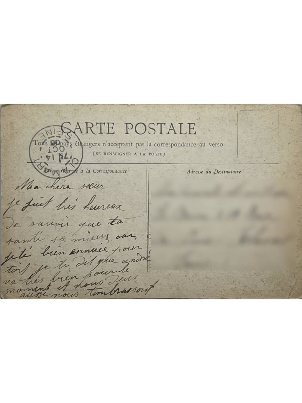 Verso de la carte postale
