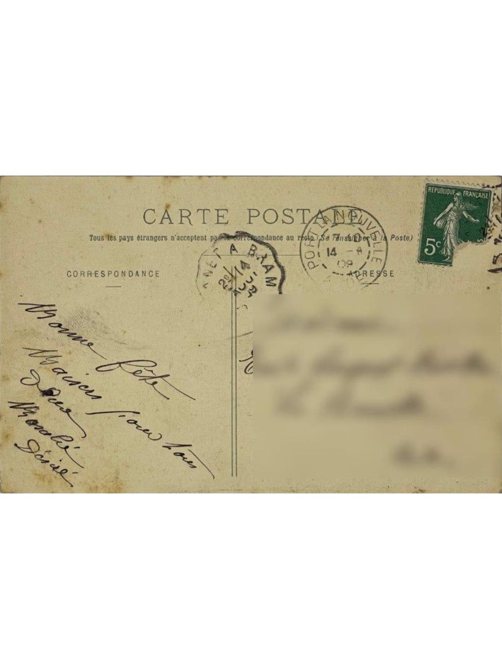 Verso de la carte postale