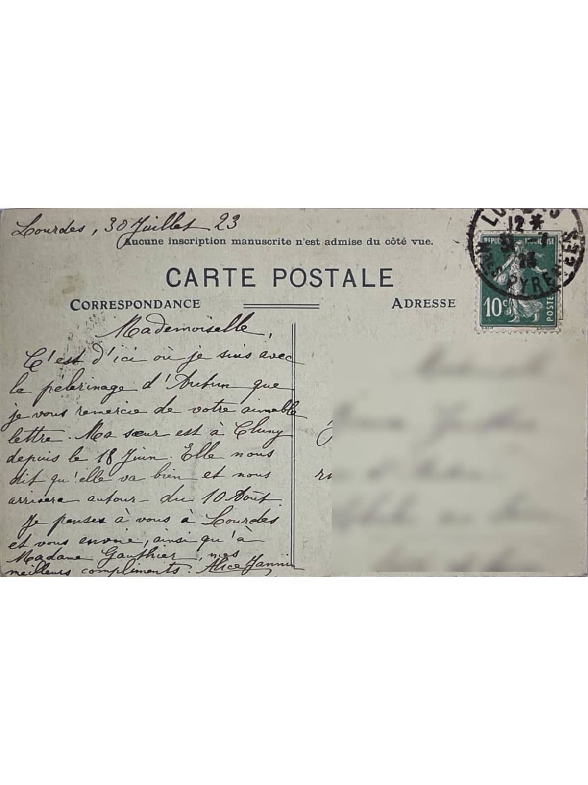 Verso de la carte postale
