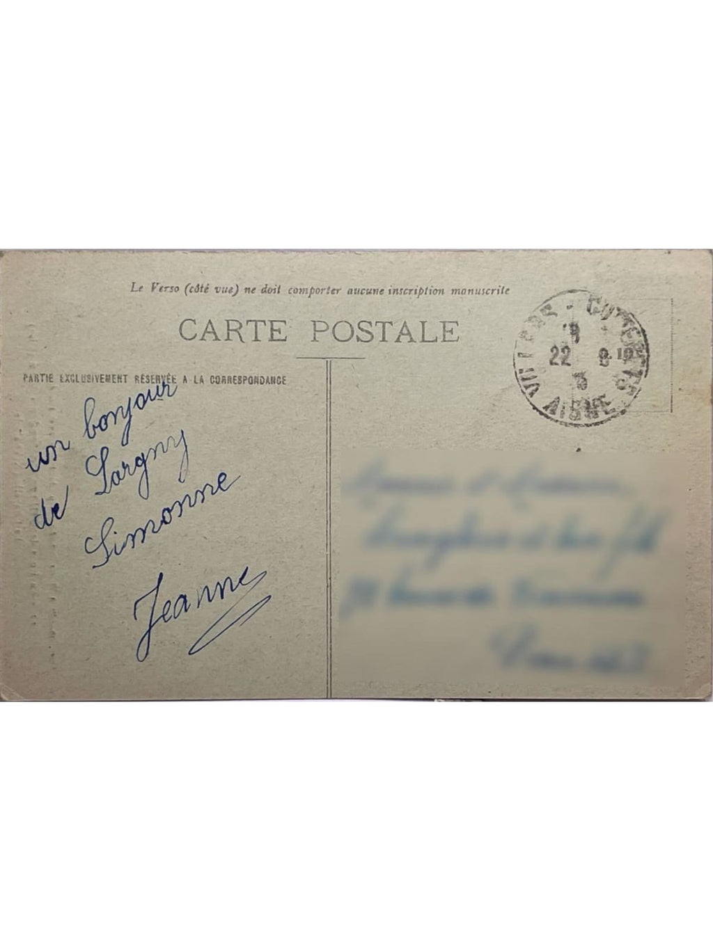 Verso de la carte postale