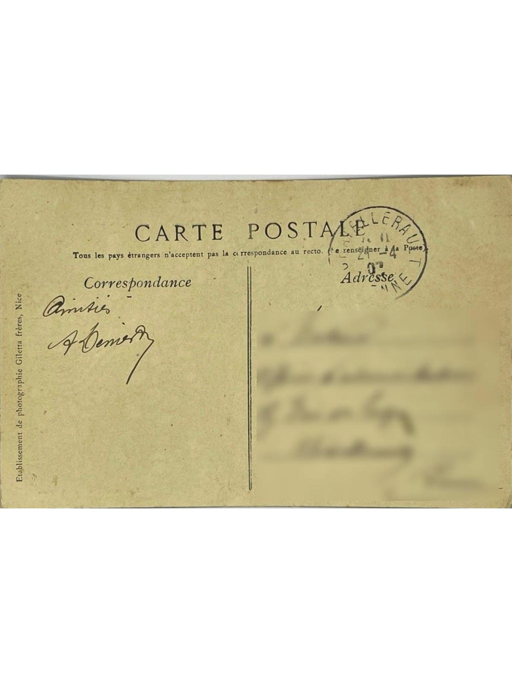 Verso de la carte postale