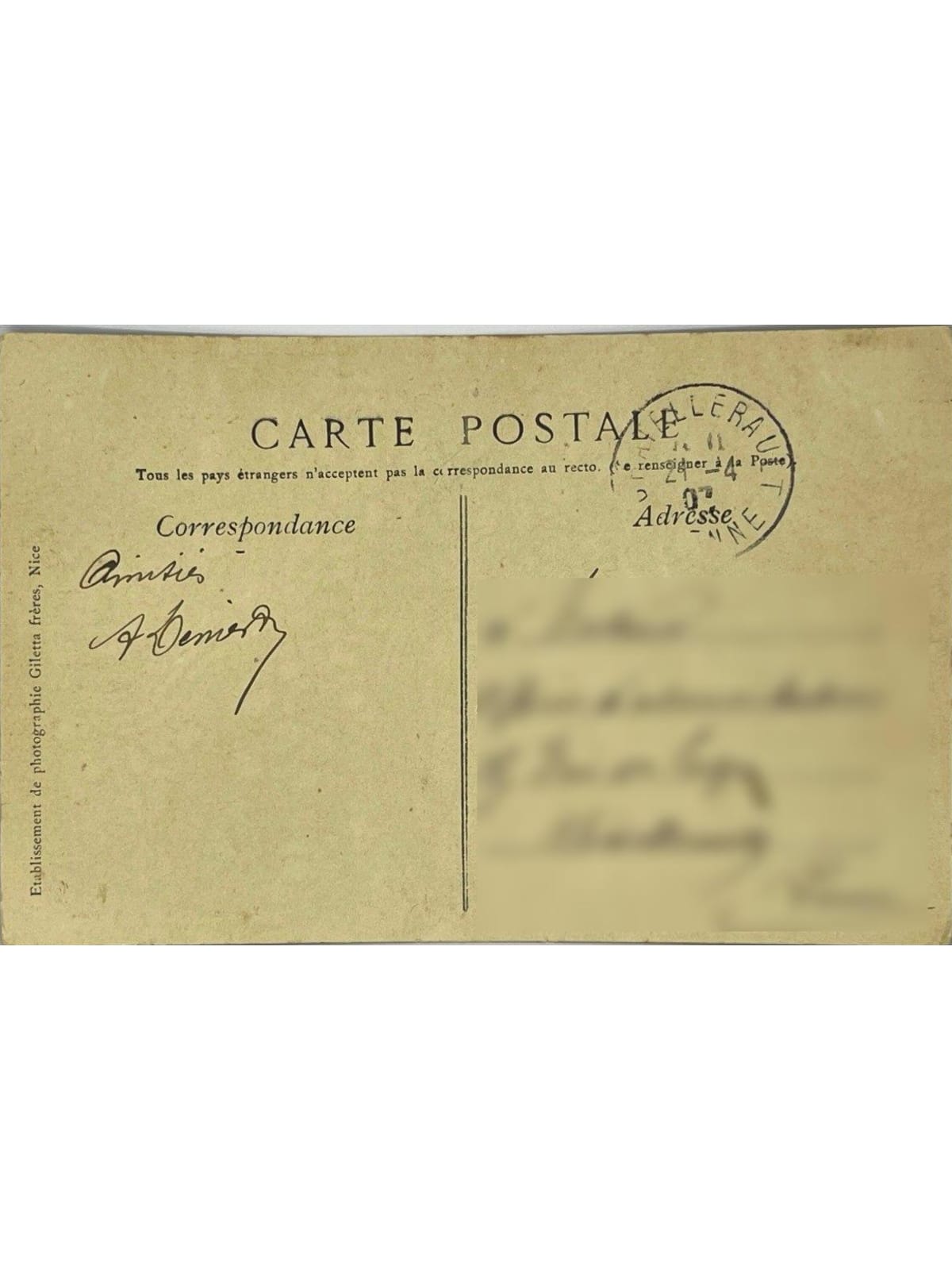 Verso de la carte postale