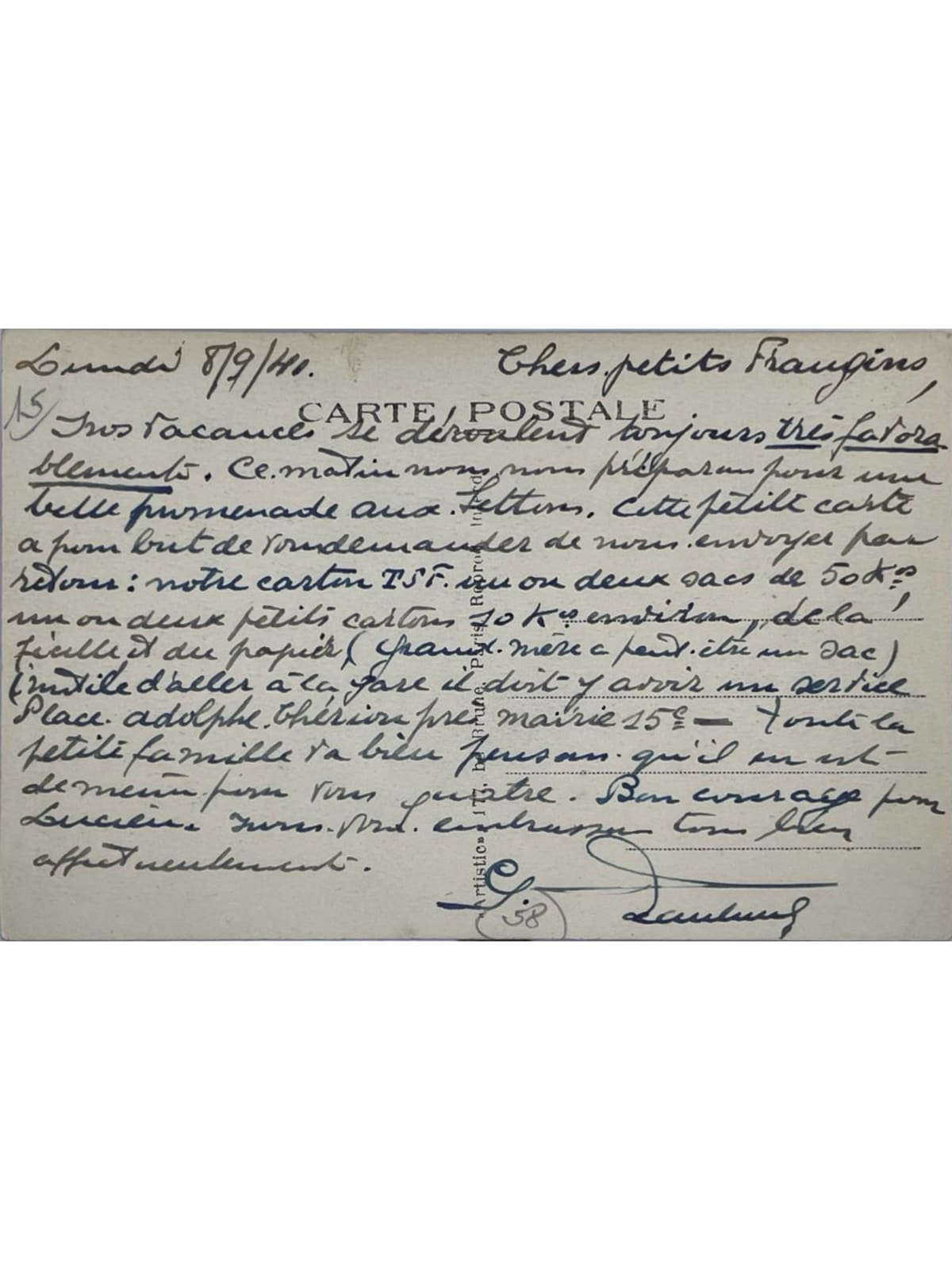 Verso de la carte postale