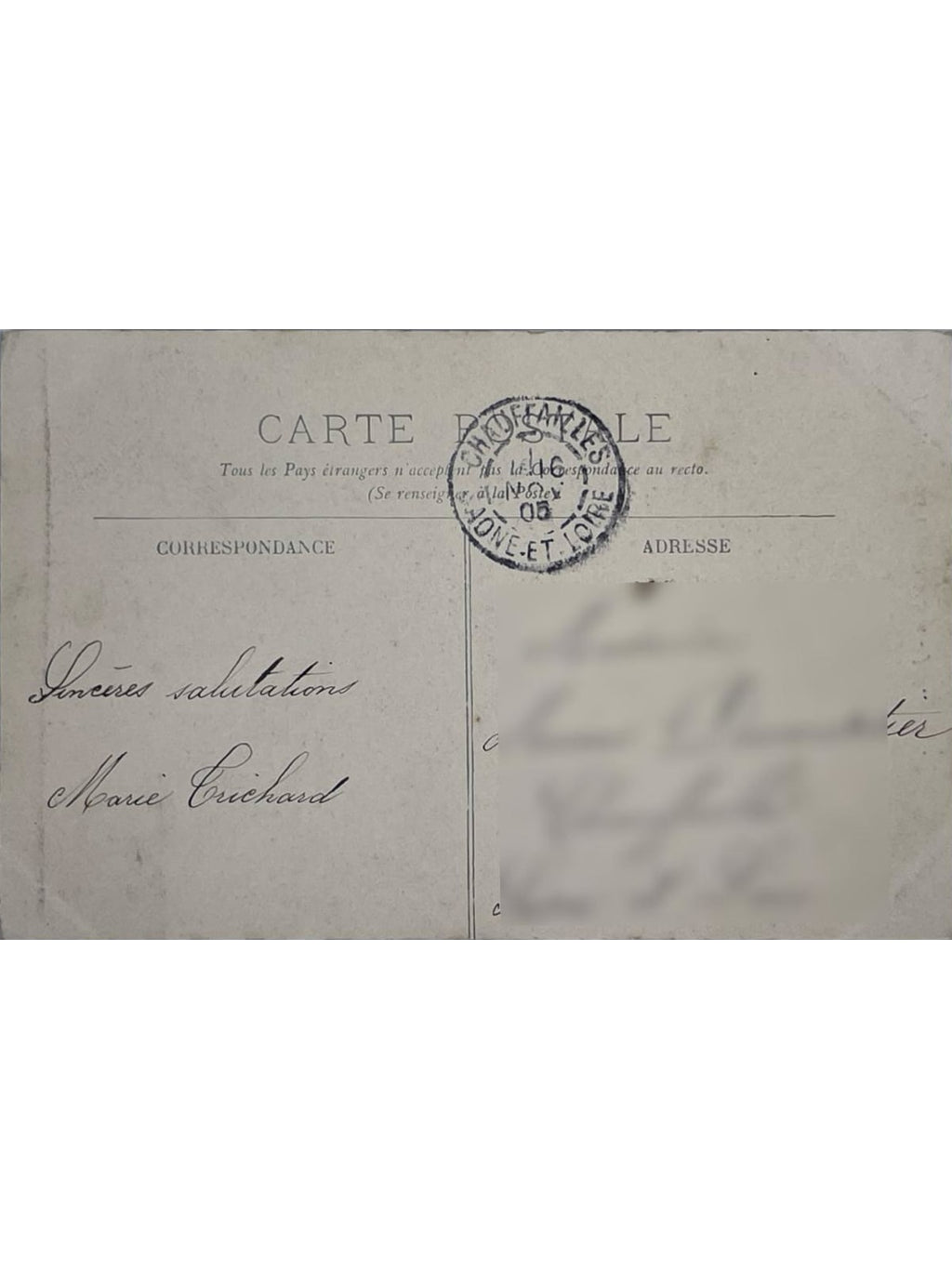 Verso de la carte postale