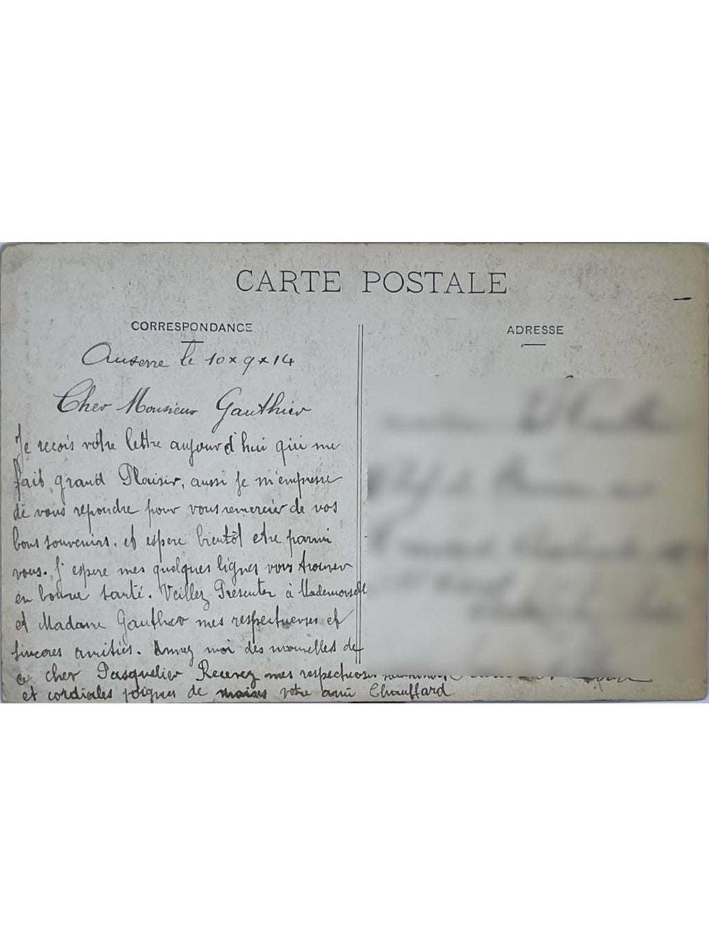 Verso de la carte postale