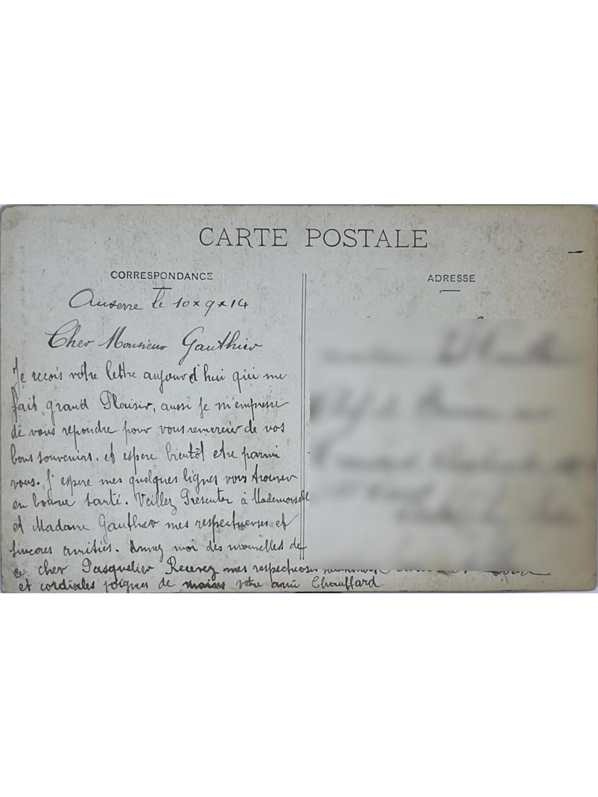 Verso de la carte postale
